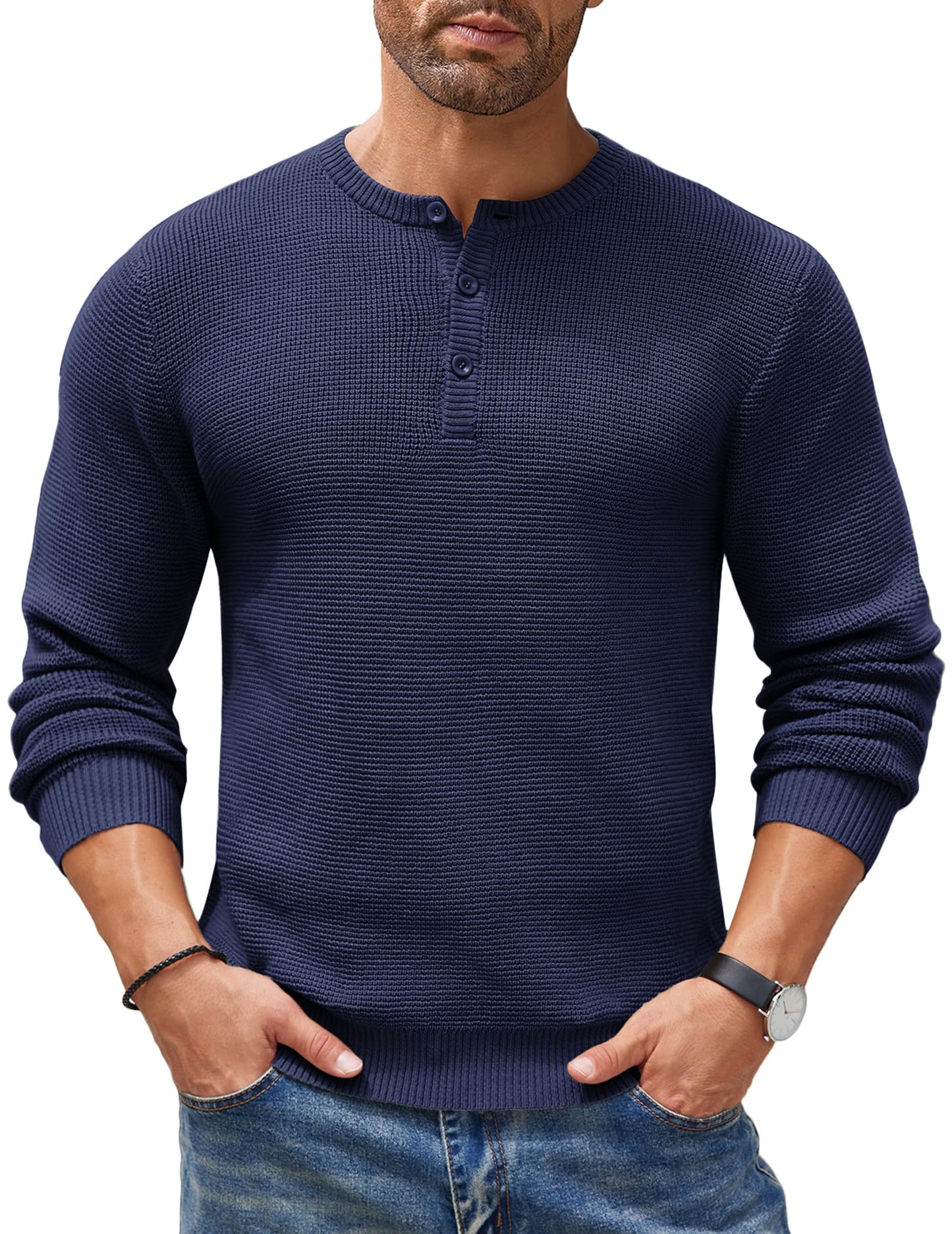 COOFANDY Mens Henley Knit Sweater Long Sleeve Button Pullover Sweater Casual Waffle Texture Fashion Henley Sweater Navy Blue